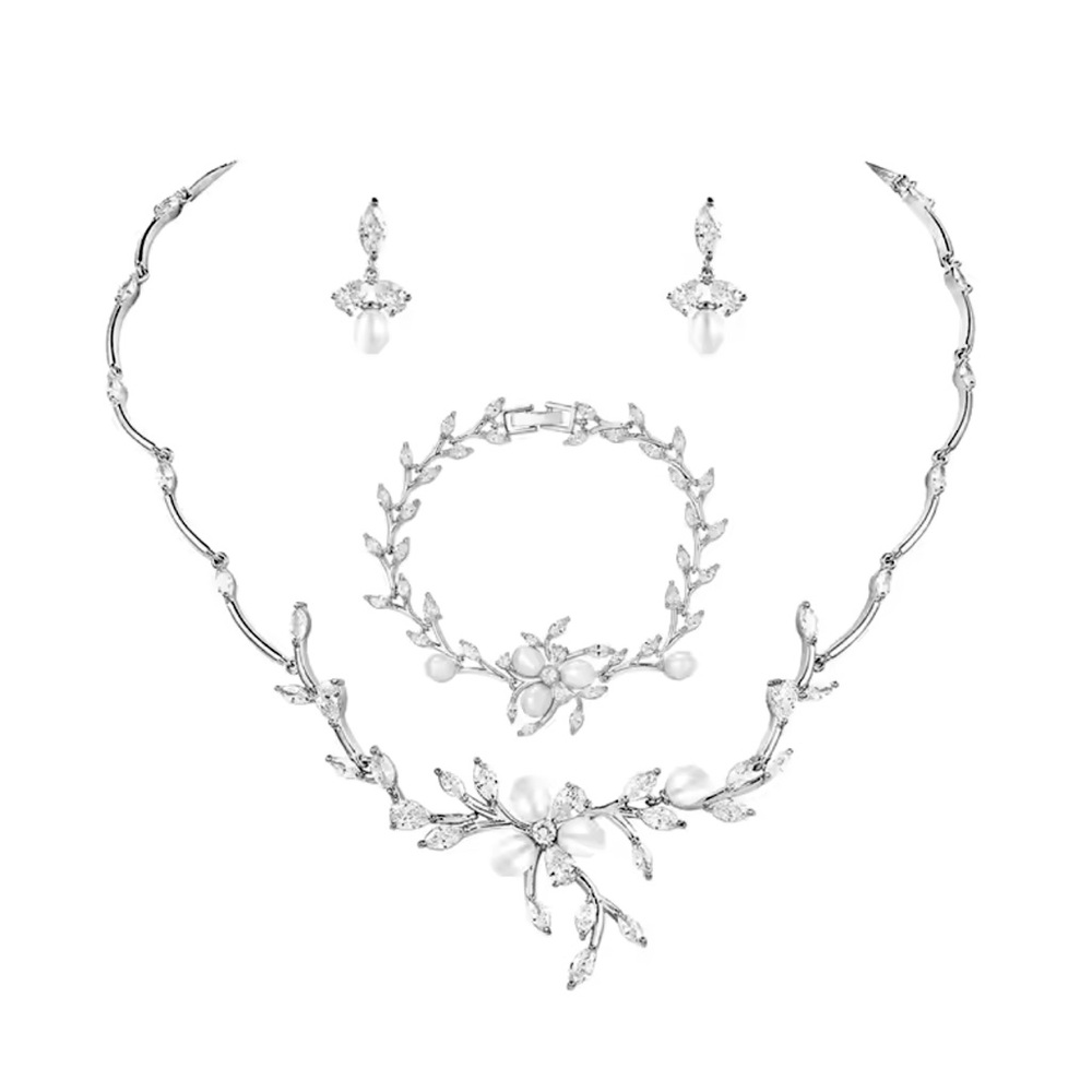 Wedding / formal / bridal Zircon and Pearl Vine Necklace Bracelet/Earrings Set
